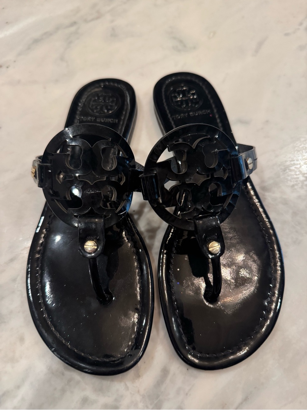 Tory Burch Black Patent Miller Logo Thong Sandals